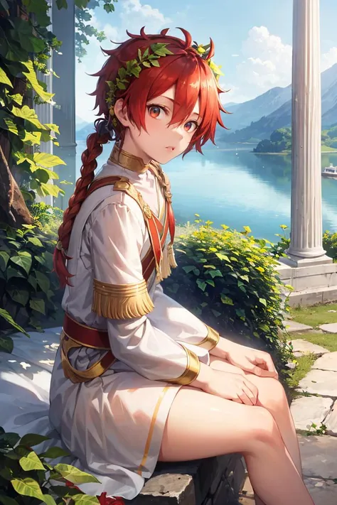 ((masterpiece,best quality)), absurdres, <lora:alexanderfgo:0.7>, alexanderfgo, 1boy, white greek tunic, leaf crown, white tunic, sitting down, looking at viewer, from side, greek temple, lake,