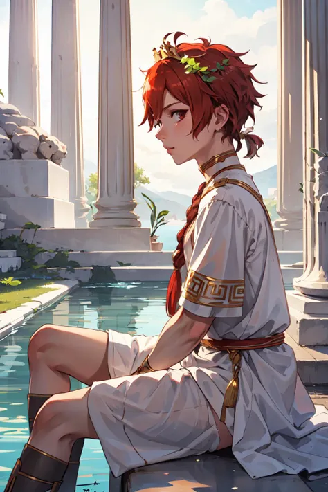 <lora:alexanderfgo:.7> alexanderfgo, 1boy, greek tunic, leaf crown, white tunic, sitting down, looking at viewer, from side, greek temple, lake