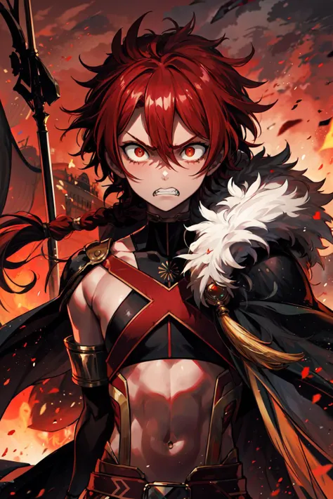 <lora:alexanderfgo:.7> alexanderfgo, 1boy, fur-trimmed cape, crop top, face, mad, angry, looking away, squinting, battlefield, red sky, fire, black smoke, <lora:Constricted PupilsV3:.7>, constricted pupils, small pupils, teeth