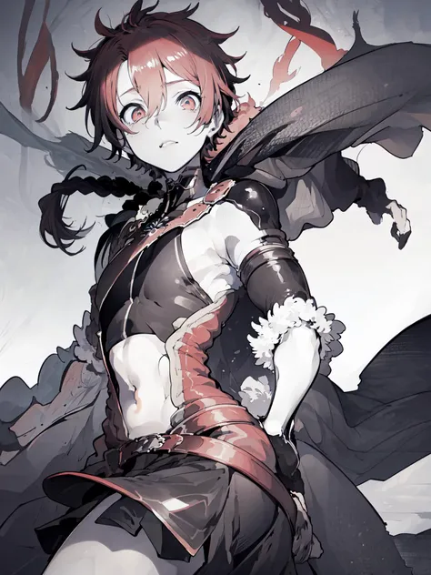 <lora:alexander_fgo-07:.9>, 1boy, alexanderfgo, solo, focus, armor, cape, waist cape, fingerless gloves, from below, stomach, navel <lora:DB_manga_v2m> (manga style, black and white, ink:1.3)