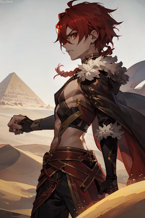 <lora:alexanderfgo:.7> alexanderfgo, 1boy, pelvic curtain, waist-cape, fingerless gloves, croptop, from behind, over shoulder, clenched fist, looking at viewer, angry, mad, crazy, insane, desert, egypt