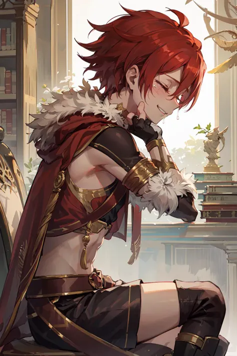 <lora:alexanderfgo:.7> alexanderfgo, 1boy,, waist-cape, cape, crop top, boots, fingerless gloves, sitting down, from side, head down, crying, sad smile, tears, upper body, half-closed eyes, looking away, ancient library