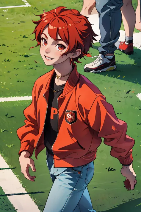<lora:alexanderfgo:.8> alexanderfgo, 1boy, solo, varsity jacket, jeans, sneakers, red shirt, necklace, jewelry, earrings, walking, smiling, looking at viewer, from side, from above, university, campus, football field