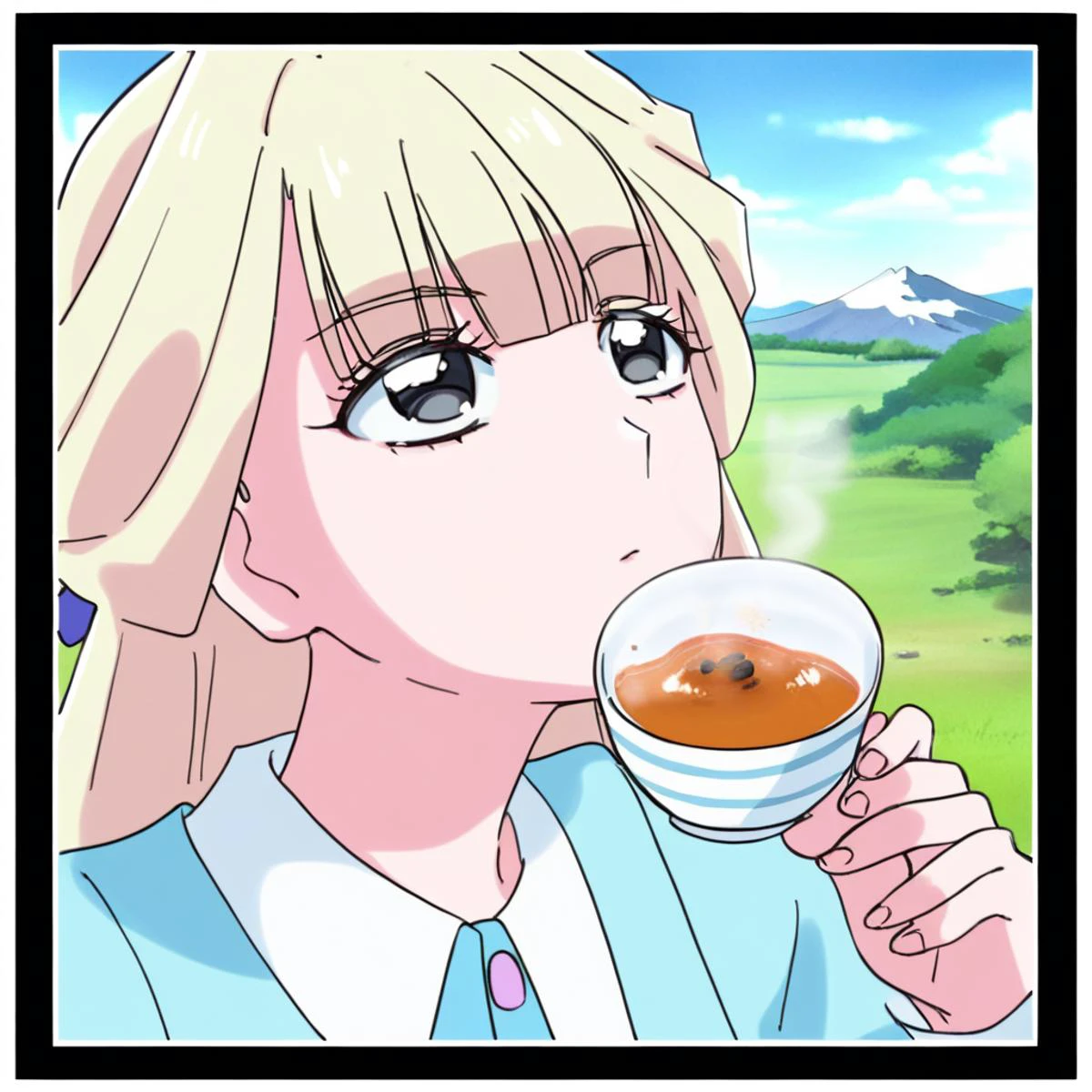 nekoyashikiyuki, border, mountain, waitress, portrait, dated, holding, black eyes, tea, looking up, garugaru, pants, 1girl