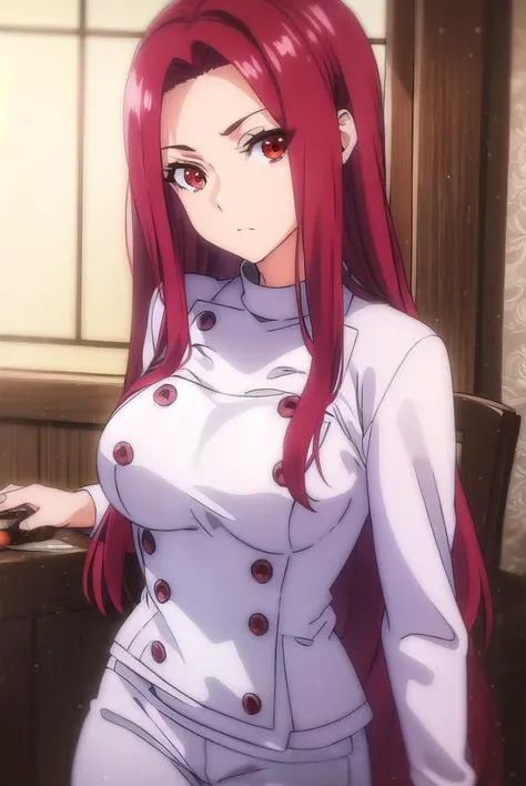 ryoukosakaki, <lora:ryouko sakaki s1-lora-nochekaiser:1>,
ryouko sakaki, long hair, (red eyes:1.3), red hair,
BREAK chef, pants, white pants,
BREAK indoors, kitchen,
BREAK looking at viewer, (cowboy shot:1.5),
BREAK <lyco:GoodHands-beta2:1>, (masterpiece:1.2), best quality, high resolution, unity 8k wallpaper, (illustration:0.8), (beautiful detailed eyes:1.6), extremely detailed face, perfect lighting, extremely detailed CG, (perfect hands, perfect anatomy),