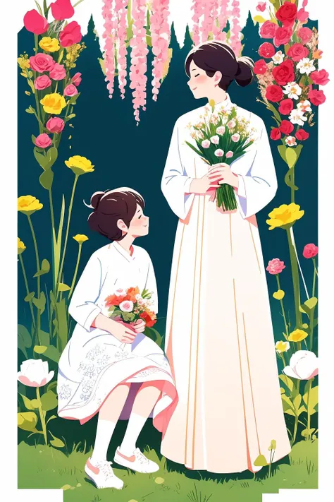 Valentine's Day,Flat painted style,1girl AND 1boy,flower,simple background,<lora:lbc_Valentine's Day:1.2>,love,romantism,masterpiece,