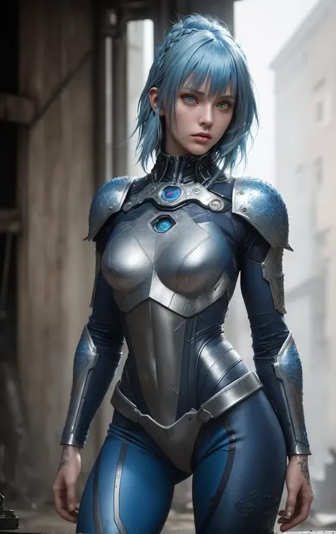 Cinematic photo Full frame, hard light, 1girl, armor mech future knight intricate details, Style-Psycho town, blue steel, masterpiece, by Mark Brooks, by Ismail Inceoglu, highly detailed, hyperdetailed, intricate, best quality, high quality, high-definition, extremely detailed, Key Frame, KEYFRAME, (detailed eyes, blue hair, pale skin, side bang, skinny, muscular, woman, lady, female, 1girl:1.3) metal boots . 35mm photograph, film, bokeh, professional, 4k, highly detailed