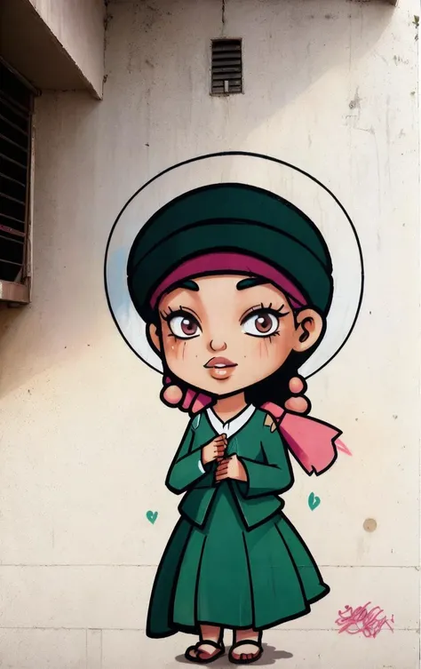 Graffiti <lora:StreetArtv1:0.8>, 1girl of 23yo (Mahdiyah Farizah Ganim:1.3), dawn