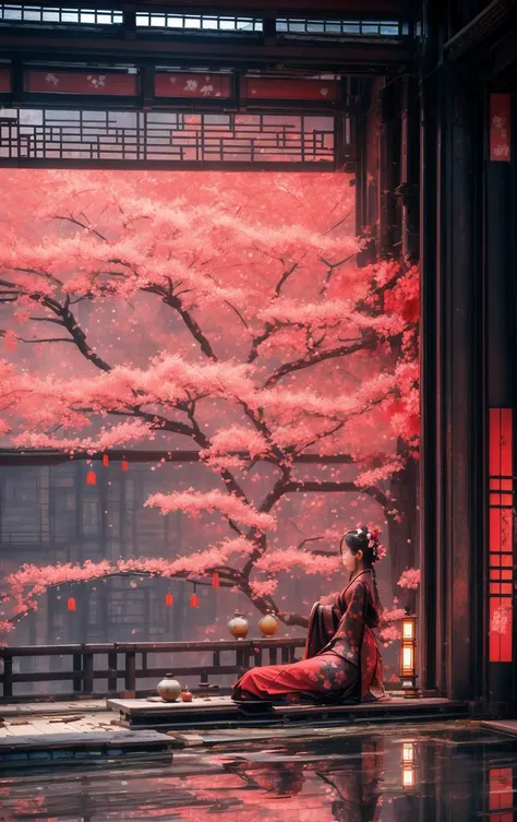 masterpiece, best quality, 8k, 1girl, upper body, cherry blossoms, east asian architecture, petals, potted plant, reflection, red flower, water, chinese clothes, wide shot, autumn leaves <lora:indoor_20230827164629:1>