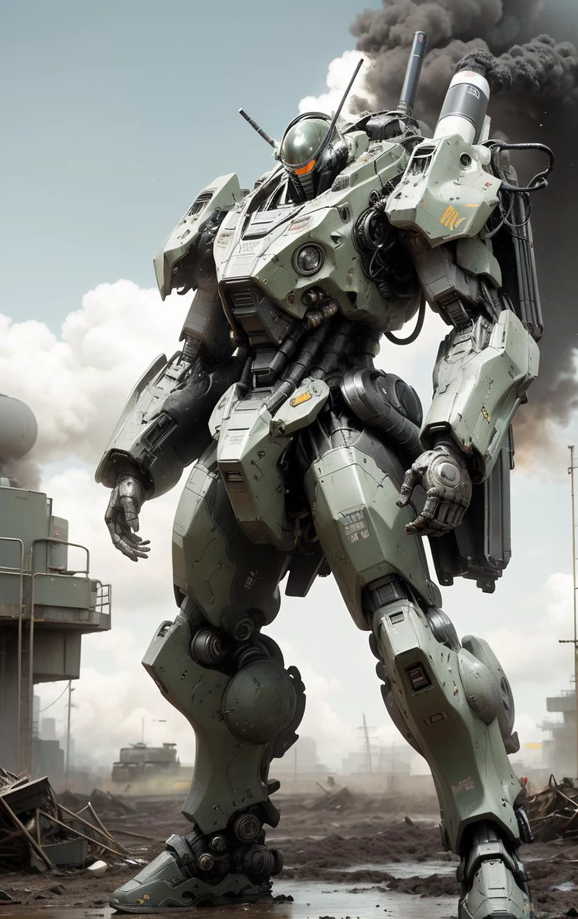 NijiMecha <lora:nijiMecha:0.7>, A huge 100ft tall big bulky mech painted coloured stripes, standing in muddy futuristic battlefield, white smoke drifts across the image, with a small human figure at its feet, battlemech, mech, ((8k, RAW photo, highest quality, realistic:2, masterpiece, ultra high resolution, CG 8K wallpapers)), physics-based rendering, centered full body