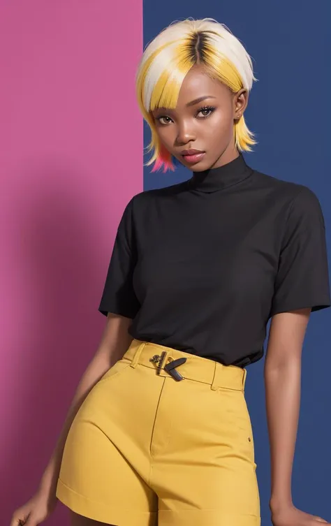 (((multicolored background))), a Establishing Shot in fashion editorial style of ((1girl of 26yo (Nwabude Chijindum:1.3))) from Africa with honey blonde Pixie Cut with Long Top hair