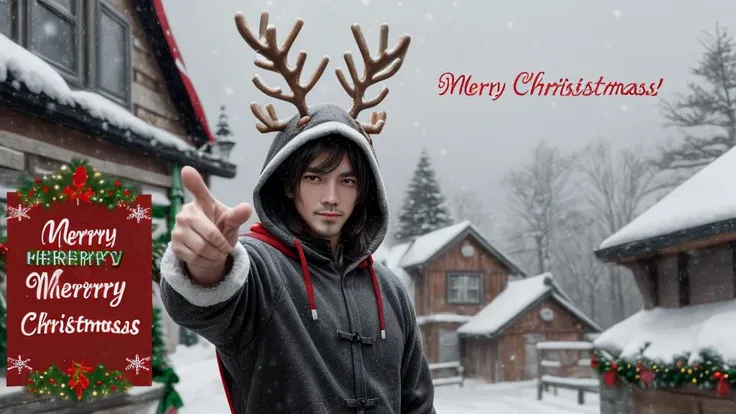 chinese ink painting of a man with white messy hair, wearing a hooded red-brown Reindeer outfit with Reindeer antlers and text ("MERRY XMAS":1.2), Perfect Hands, solo, pointing index finger to viewer, looking at viewer, in a snowy village as background, outdoors, dynamic angle, SFW