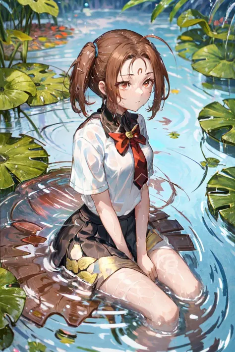 masterpiece,best quality,1girl,nezha,brown hair,ahoge,twintails,brown eyes,forehead mark,facial mark,(school uniform:1.2),sitting,partially submerged,wet,(water drop),expressionless,(lotus,lotus root),river,spring \(season\),leaf,<lora:nezha:0.6>,