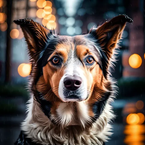 Portrait of a dog in the rain <lora:JourneyLoRA:1>, (good composition), (in frame), centered, 8k, 4k, detailed, attractive, beautiful, impressive, photorealistic, realistic, cinematic composition, volumetric lighting, high-resolution, vivid, detailed, stunning, professional, lifelike, crisp, flawless, DSLR, 4k, 8k, 16k, 1024, 2048, 4096, detailed, sharp, best quality, high quality, highres, absurdres