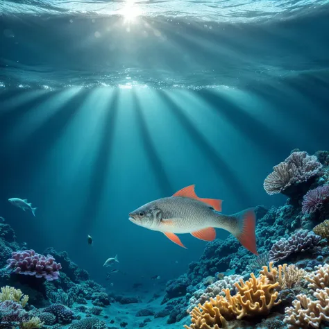 Photograph of fish underwater in the ocean, (good composition), (in frame), centered, 8k, 4k, detailed, attractive, beautiful, impressive, photorealistic, realistic, cinematic composition, volumetric lighting, high-resolution, vivid, detailed, stunning, professional, lifelike, crisp, flawless, DSLR, 4k, 8k, 16k, 1024, 2048, 4096, detailed, sharp, best quality, high quality, highres, absurdres