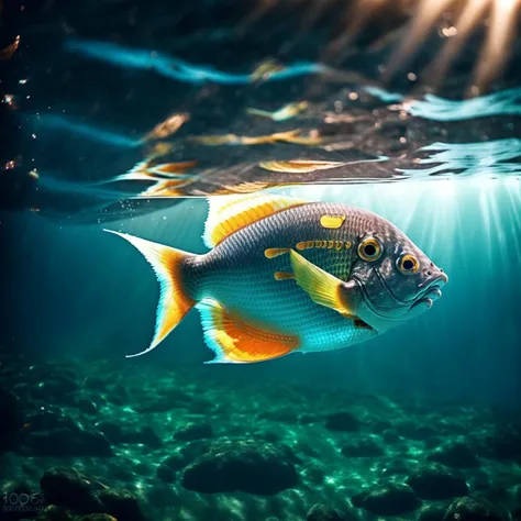 Photograph of fish underwater in the ocean <lora:JourneyLoRA:1>, (good composition), (in frame), centered, 8k, 4k, detailed, attractive, beautiful, impressive, photorealistic, realistic, cinematic composition, volumetric lighting, high-resolution, vivid, detailed, stunning, professional, lifelike, crisp, flawless, DSLR, 4k, 8k, 16k, 1024, 2048, 4096, detailed, sharp, best quality, high quality, highres, absurdres