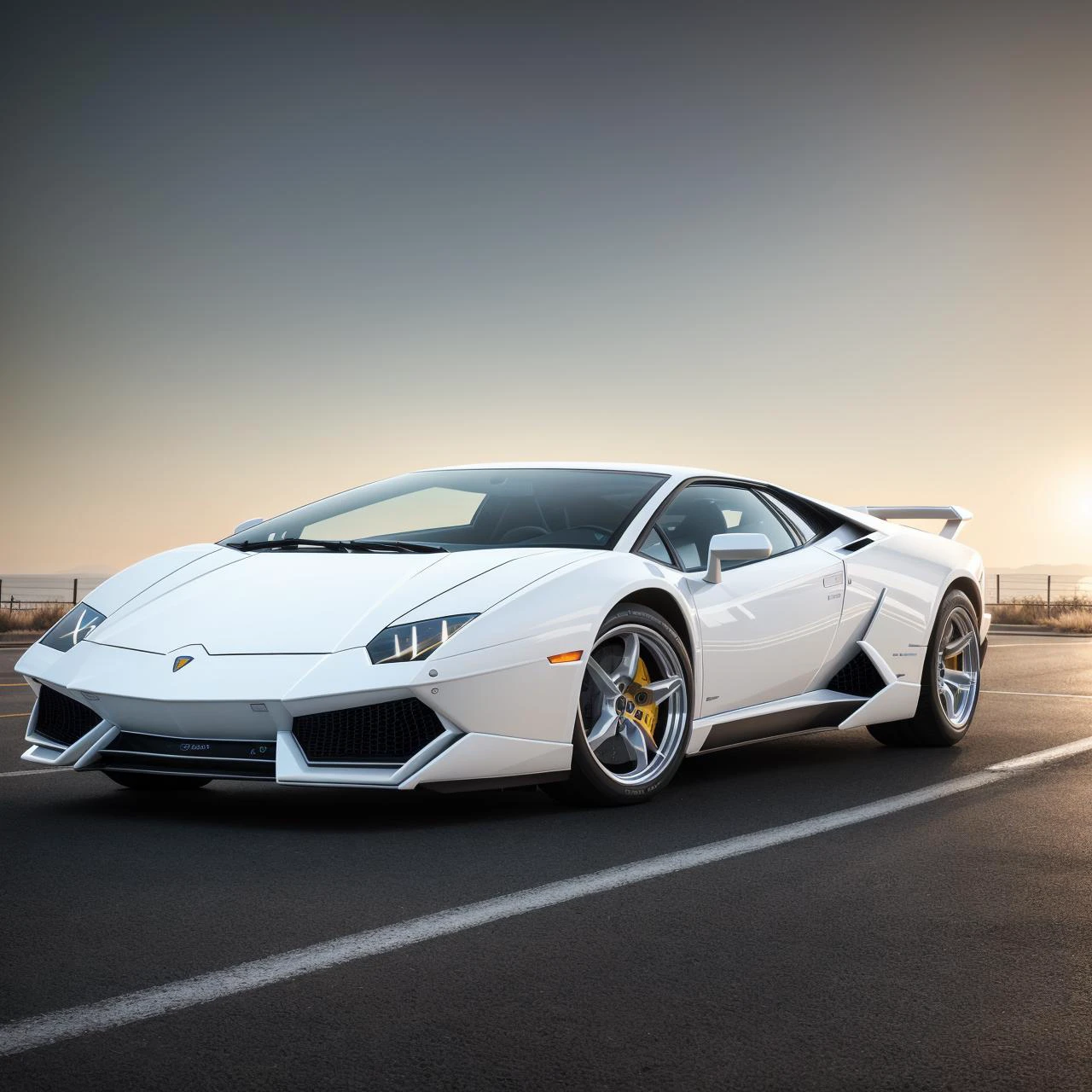 Cinematic photograph of a white 1980s Lamborghini, (good composition), (in frame), centered, 8k, 4k, detailed, attractive, beautiful, impressive, photorealistic, realistic, cinematic composition, volumetric lighting, high-resolution, vivid, detailed, stunning, professional, lifelike, crisp, flawless, DSLR, 4k, 8k, 16k, 1024, 2048, 4096, detailed, sharp, best quality, high quality, highres, absurdres
