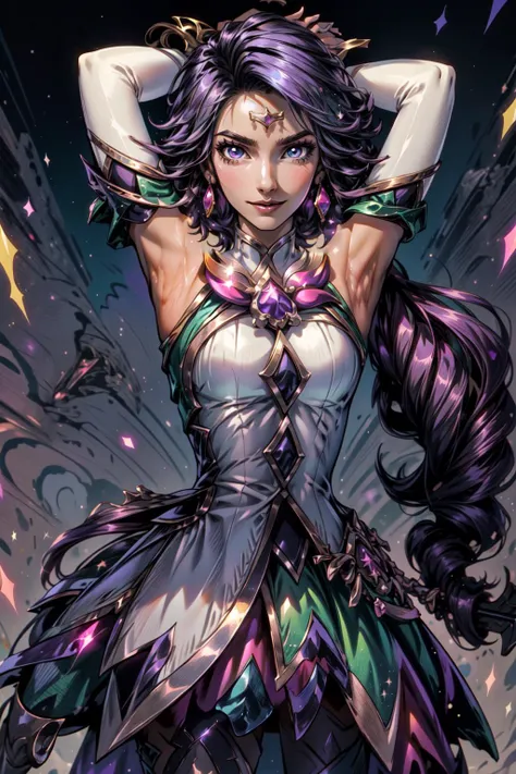 (masterpiece, best quality), intricate details,
1girl, <lora:Nilah_LoL:0.8> star guardian nilah, 1girl, detached sleeves, green skirt, magical girl, star guardian \(league of legends\), gem, purple hair,,
<lora:add_detail:0.4> <lora:Elixir:0.4> <lora:more_details:0.3> <lora:JourneyLoRA:0.25> <lora:GoodHands-vanilla:1>