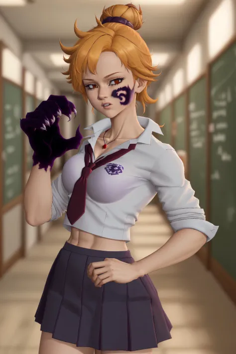 (masterpiece, best quality, highly detailed:1.2), 1girl, solo, derieri, derierischool, school uniform, white shirt, red necktie, skirt, dark purple bodypaint, top knot, blonde, claws, facial mark, school hallway, 8k, absurdres, unreal engine, <lora:DerieriV1:0.85>