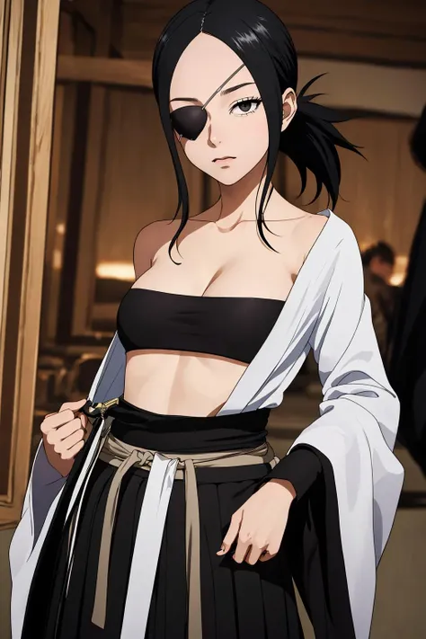((masterpiece)), (best quality), official art, extremely detailed CG, unity 8k wallpaper, ultra detailed,
kunoichi_aogiri, black eyes, eyepatch, black hair, folded ponytail, skirt, chest plate, white kimono, bare shoulder,
large breasts, <lora:kunoichi_aogiri:0.8>