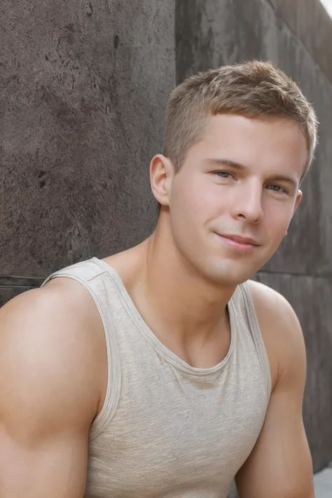 headshot photo of sc_nxn  <lora:sc_nxn-07:0.75>, simple concrete wall background, wearing tank top, golden hour, natural lighting, relaxed confident expression, (slight smile:0.5)