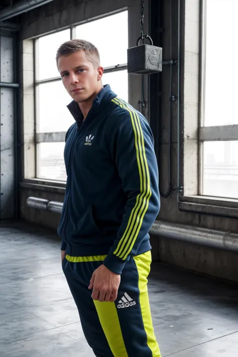 from the side, looking at the camera, hands in pocket, male focus, wearing an Adidas tracksuit, Contrapposto, photo of sc_nxn  <lora:sc_nxn-07:0.85>, industrial warehouse with high ceilings and large windows, weights kettlebells gym machines in the background, soft diffused lighting, focused and determined expression