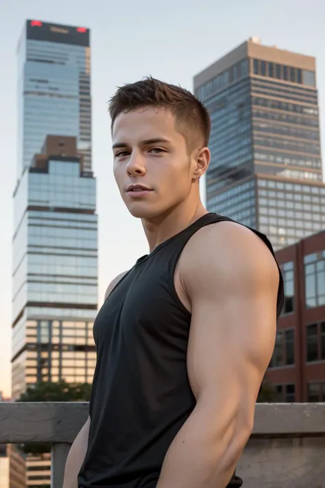 <lora:sc_nixon:0.8> sc_nxn, male focus, black shirt sleeveless, new york, blurry background, buildings, sunset, (looking at camera:1.1)