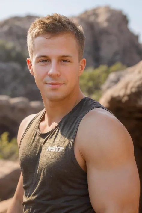 headshot photo of sc_nxn <lora:sc_nxn-07:0.75>, simple rocky cavern background, wearing tank top, golden hour, natural lighting, relaxed confident expression, (slight smile:0.5)