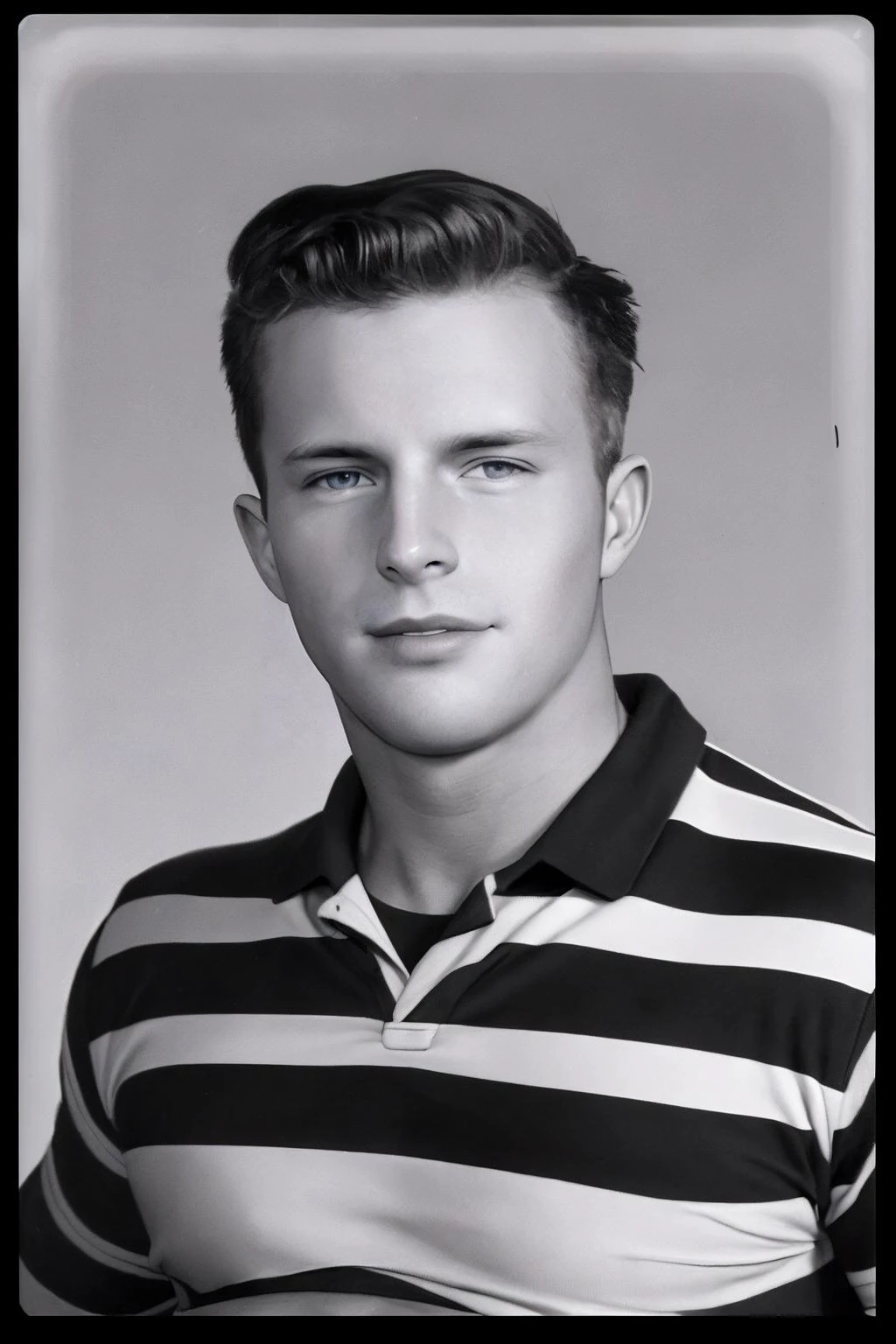 male focus, dressed as a rancher, polaroid photo of sc_nxn <lora:sc_nxn-07:0.9>, relaxed natural expression, looking directly at the camera, wearing a striped rugby shirt, blurred black background, monochrome, vintage aesthetic sepia toned, 1950s, Bruce Weber