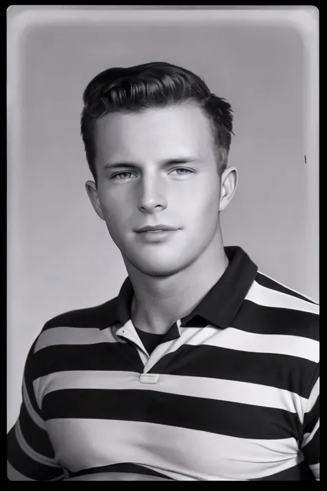 male focus, dressed as a rancher, polaroid photo of sc_nxn  <lora:sc_nxn-07:0.9>, relaxed natural expression, looking directly at the camera, wearing a striped rugby shirt, blurred black background, monochrome, vintage aesthetic sepia toned, 1950s, Bruce Weber