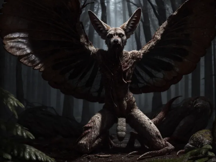 realistic, (Detailed Dark Dense Forest), solo, male, explicit, skinny, (anthro Fennec), fly wings, (transformation, insect, tail, caterpillar:1.2), (body_horror), (Crying), <lora:parasite:0.8>, <lora:bodhor:0.6>,