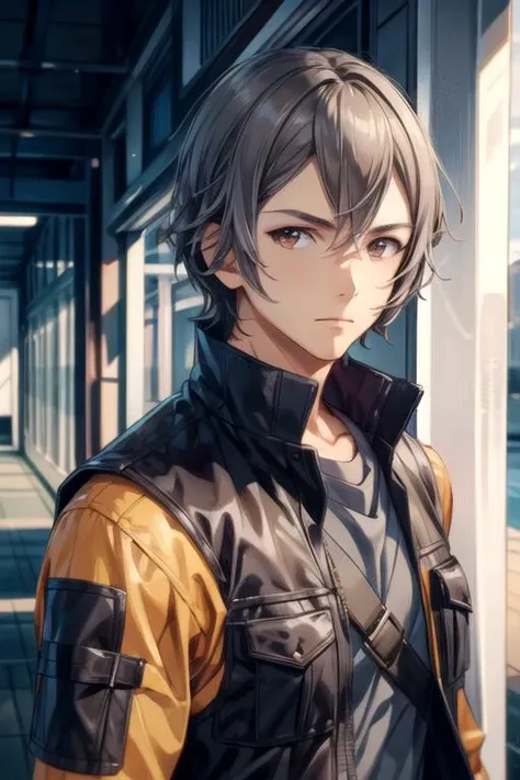 masterpiece, best quality, , 1boy, solo, male focus, looking at viewer, upper body, depth of field, <lora:ryou_kaidai:0.68>, ryou_kaidai, grey hair, brown eyes, ranger costume, , High definition