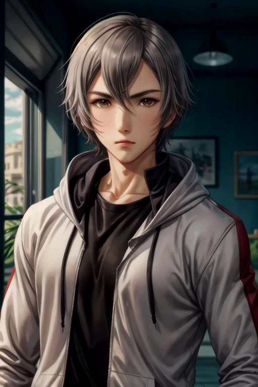masterpiece, best quality, illustration, 1boy, solo, male focus, looking at viewer, upper body, depth of field, <lora:ryou_kaidai:0.72>, ryou_kaidai, grey hair, brown eyes, zip-up hoodie, homburg, islamic golden age, HDR