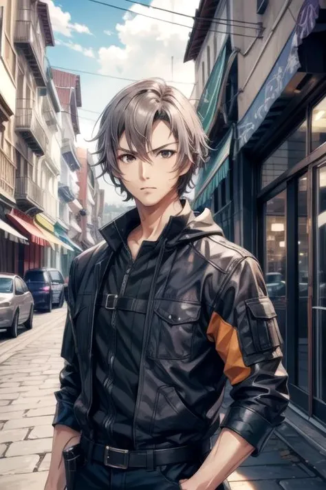 masterpiece, best quality, photorealistic, 1boy, solo, male focus, looking at viewer, upper body, , <lora:ryou_kaidai:0.74>, ryou_kaidai, grey hair, brown eyes, thief costume, , 4k resolution