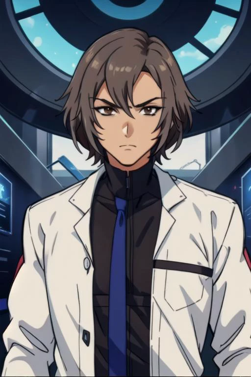masterpiece, best quality, illustration, 1boy, solo, male focus, looking at viewer, upper body, , <lora:ryou_kaidai:0.76>, ryou_kaidai, grey hair, brown eyes, , science fiction social science fiction,