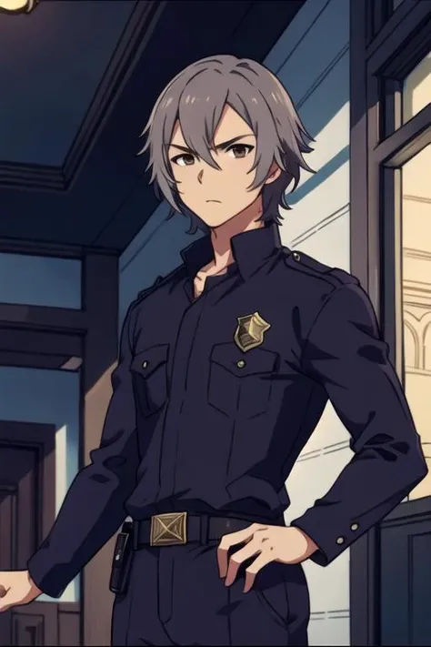 masterpiece, best quality, wallpaper, 1boy, solo, male focus, looking at viewer, , depth of field, <lora:ryou_kaidai:0.68>, ryou_kaidai, grey hair, brown eyes, cop costume, The Castle of Shadows, HD
