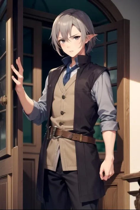 masterpiece, best quality, game cg, 1boy, solo, male focus, looking at viewer, , , <lora:ryou_kaidai:0.70>, ryou_kaidai, grey hair, brown eyes, , Middle Earth: A vast and ancient world, home to Elves, Dwarves, Hobbits, and Wizards, HD-DVD