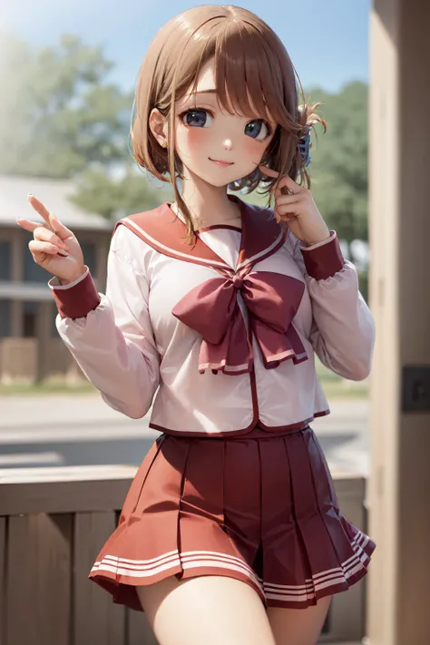 (masterpiece, best quality:1.2), <lora:toheart2_komaki-10:1>, cowboy shot, solo, 1girl, komaki manaka, smile, closed mouth, looking at viewer, hand on own face, hair ornament, school uniform, serafuku, long sleeves, red skirt