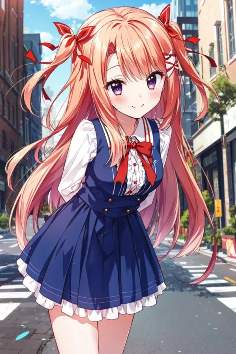 <lora:mihato_kano-06:0.75>, 1girl, mihato_kano, red bow, red ribbon, two side up, long hair, smile, street, city, arms behind back, leaning forward,