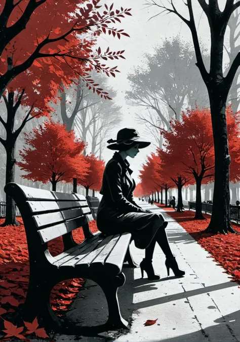 bold artwork,creative use of shadows and textures to create an image using negative space,masterful use of limited colors to create an image of bold contrasts,inventive and whimsical use of camera angles to give new perspective to illustration,"the woman on the park bench",Ultra-HD-details,red leaves