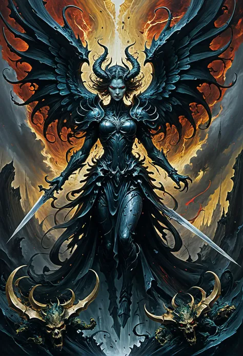 Lilith WITH VARIOUS DEMONS IN THE BACKGROUND, INSIDE THE GARDENS OF EDEN, fire, lightning, blood, whole body, in the style of Diablo 4,