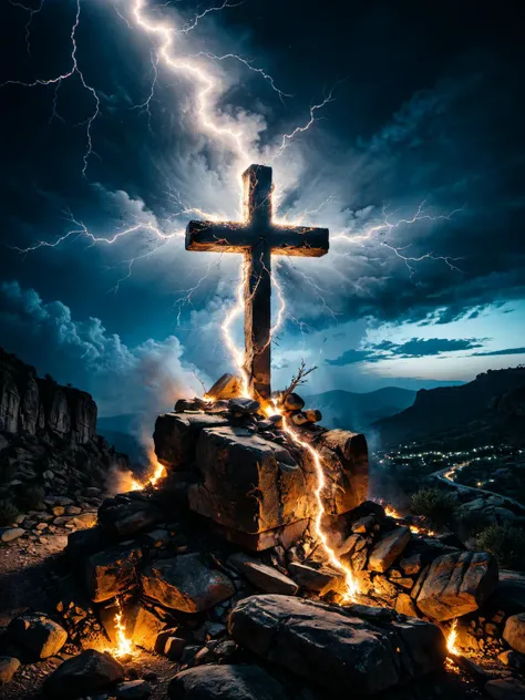 Long exposure photo of lightning striking a cross on a rocky crag,nighttime,stone cross on fire,<lora:add-detail-xl:1.5>,<lora:xl_more_art-full_v1:0.5>, Hyperrealistic art cinematic film still photography in the style of detailed hyperrealism photoshoot . Blurred motion, streaks of light, surreal, dreamy, ghosting effect, highly detailed