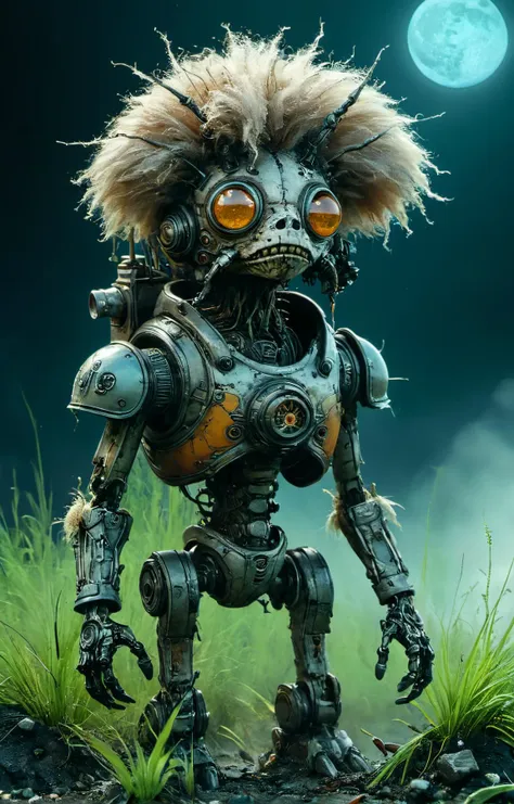 macro photography masterpiece,detailed hyperrealism,Craig Mullins,Jon Burgerman,geof darrow,jean-baptiste monge style - a bio mechanoid by jean-baptiste monge,(long fur on the head),(dumb face:1.4),grass,sand and debris in the ground,swamp,(small debris, stones, bones and rubbish),clear sky,big moon-planet in the sky,blurred background of a futuristic modern scifi abandoned city,((dark background)),volumetric fog,smoke,haze,rust,epic,shallow depth of field,very detailed,high budget,((((very shallow depth of field:1.4)))),cinematic,moody,epic,awesome,film grain,grainy,grainy,grainy,(very photorealistic),HDR,<lora:Creat0rDet4ilz:0.7>, glow effects, godrays, Hand drawn, render, 8k, octane render, cinema 4d, blender, dark, atmospheric 8k ultra detailed, cinematic, Sharp focus, big depth of field, Masterpiece, 3d octane render, 8k, concept art, trending on artstation, hyperrealistic, extremely detailed CG unity 8k wallpaper, trending on CGSociety, Intricate, High Detail, dramatic