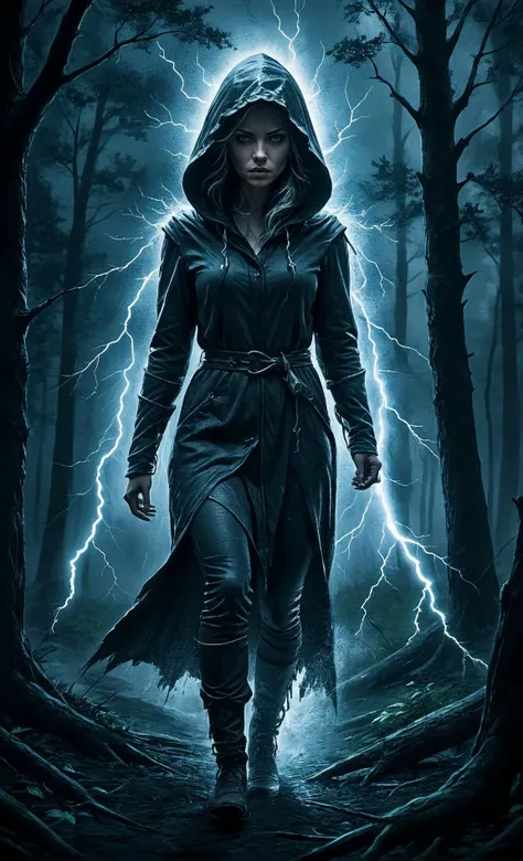 cinematic film still charcoal sketch,lightning storm,a hooded woman in the deep woods, Ultra-HD-details, Full Body Photograph,Full Body Portrait, Full Body Visible, From a Distance, . shallow depth of field, vignette, highly detailed, high budget, bokeh, cinemascope, moody, epic, gorgeous, film grain, grainy