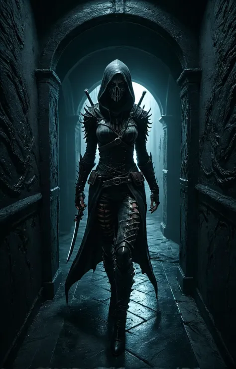 Horror-themed a female assassin looks around a dark corner in a hallway at the viewer,absurdres,intricately detailed,32K, glow effects, godrays, Hand drawn, render, 8k, octane render, cinema 4d, blender, dark, atmospheric 8k ultra detailed, cinematic, Sharp focus, big depth of field, Masterpiece, 3d octane render, 8k, concept art, trending on artstation, hyperrealistic, extremely detailed CG unity 8k wallpaper, trending on CGSociety, Intricate, High Detail, dramatic . Eerie, unsettling, dark, spooky, suspenseful, grim, highly detailed