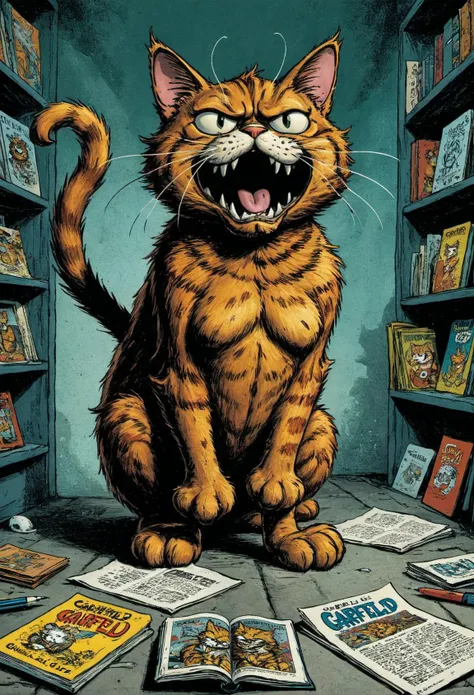madness,crazed,insane,whimsical,nonsensical,weird,quirky,illustration,garfield the comic book cat