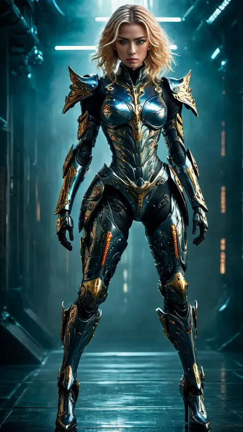 full body (RAW photo:1.1) of a samurai warrior, blonde hair, detailed mech armor plugsuit and high heel boots, symetry beautiful eyes and iris,biomechanical part, metalic part, shiny armor plate cyberpunk style, detailed background, cinematic lighting, soft shadows, action scene, colorful, masterpiece, best quality, high quality, hyper detailed, clear image, 16k resolution.  soft lighting, soft shadows, sharp focus, depth of field, best quality, 4k