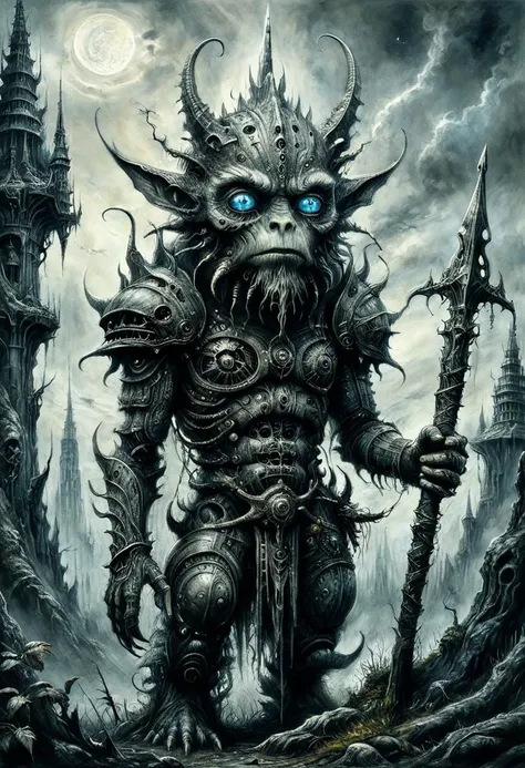 illustration of a little magical cute forest creature, large biomech tower in the background.  The creature IS holding a spear. fantasy art, intricate details, style Jean - Baptiste Monge, style Alan Lee, anthropomorphic insanity scene from a movie, dramatic shot angle, atmospheric particles, Real, raw cinematic photorealism, action portrait, 8k, detailed, centered, full frame, blue eyes, charcoal drawing by H.R Giger,  <lora:Charcoal2.0:0.4>