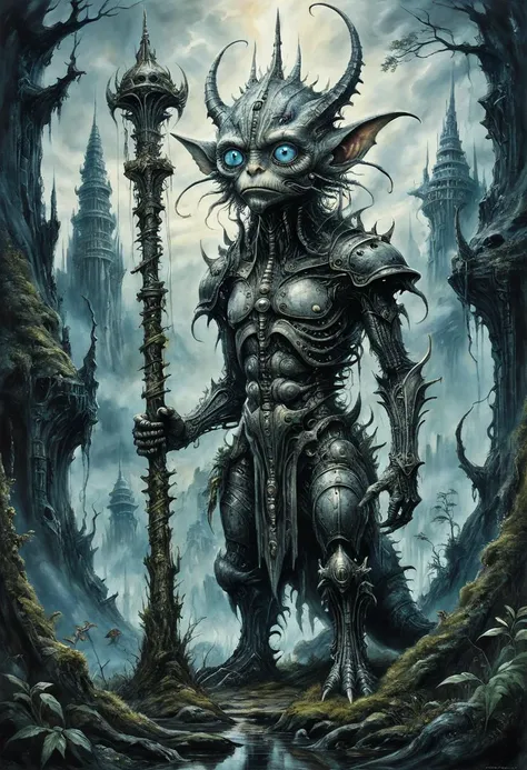 illustration of a little magical cute forest creature, large biomech tower in the background. The creature IS holding a spear. fantasy art, intricate details, style Jean - Baptiste Monge, style Alan Lee, anthropomorphic insanity scene from a movie, dramatic shot angle, atmospheric particles, Real, raw cinematic photorealism, action portrait, 8k, detailed, centered, full frame, blue eyes, oil painting by H.R Giger