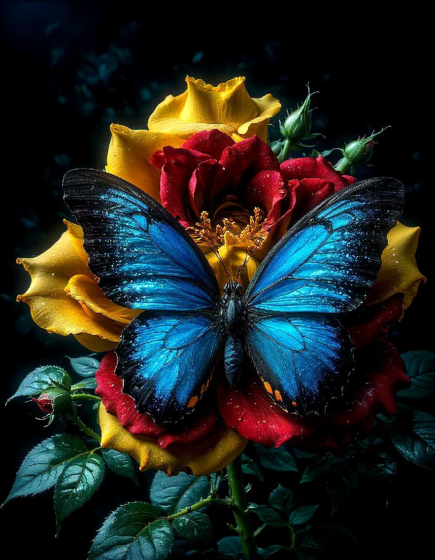 extreme closeup red rose, 8k, pure black background, vibrant vivid, extremely detailed, rim glow, single individual gigantic blue and yellow butterfly,